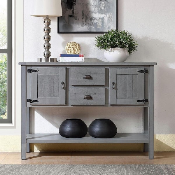 Antique Gray Sideboard Mullion Glass Doors Open Shelf Farmhouse Buffet
