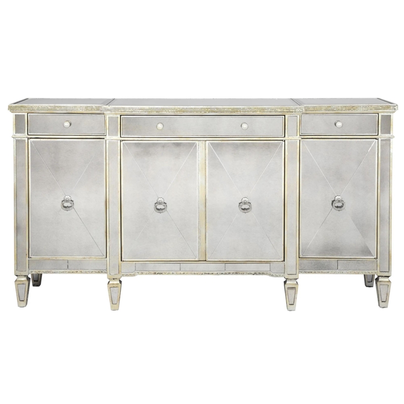 Antique Silver Mirrored Credenza Four Doors Crystal Knobs