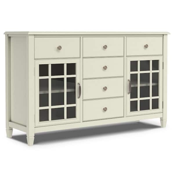 Antique White Buffet Cabinet with X-Mullion Glass Doors and Drawers