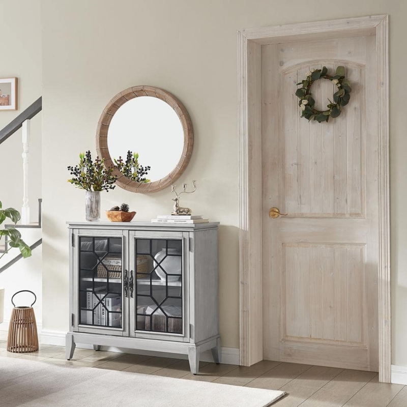 Antique White Sideboard with X-Pattern Glass Doors and Contrasting Top