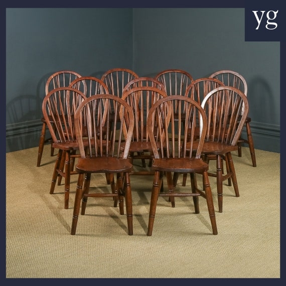 Antique Windsor Dining Chair Set Hoop Back Turned Legs Set of 12