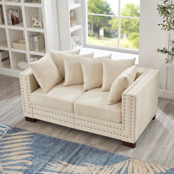 Apricot Velvet Loveseat with Nailhead Trim for Small Space Living Room