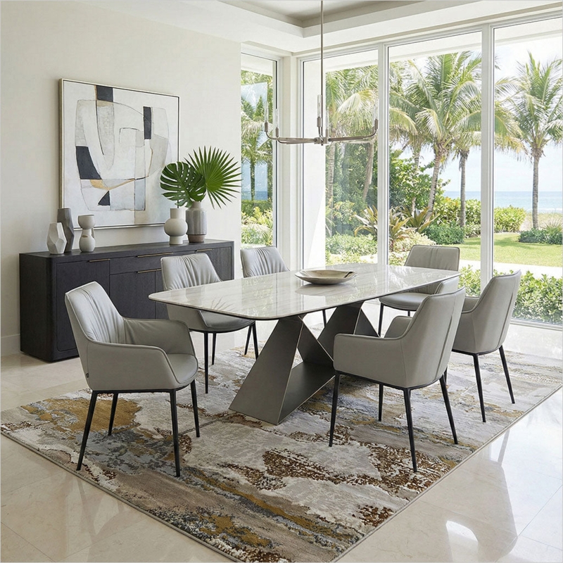 Architectural Base Dining Table Elliptical Top Wrap Around Armchairs