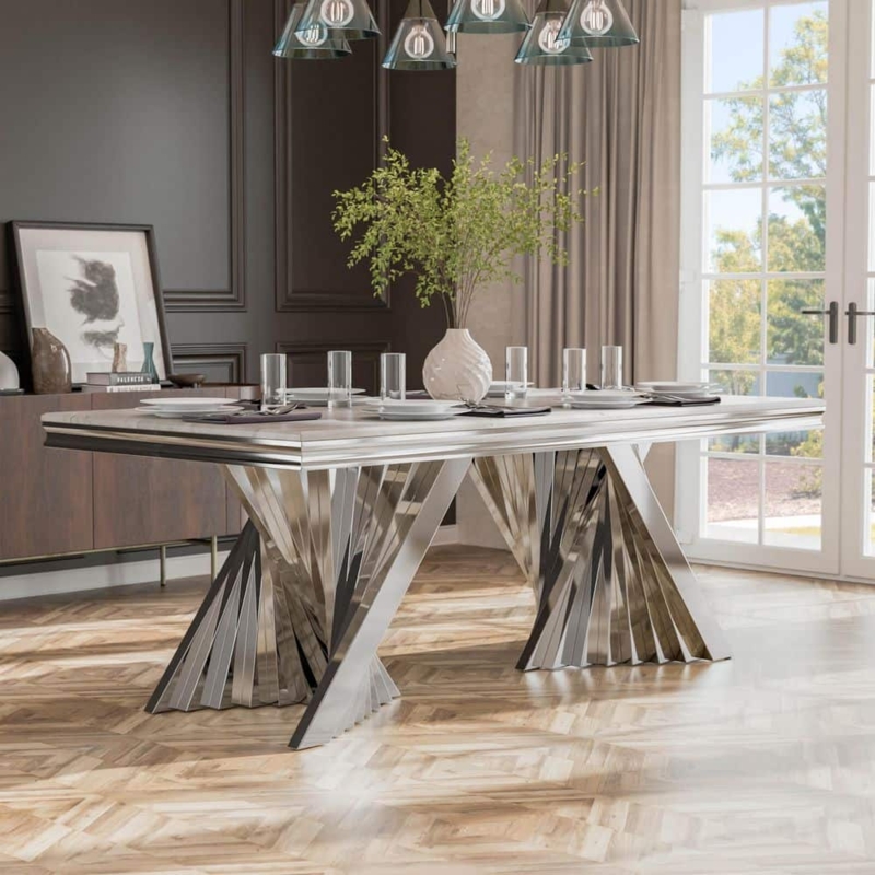 Architectural Double Pedestal Dining Table with White Sintered Stone Top
