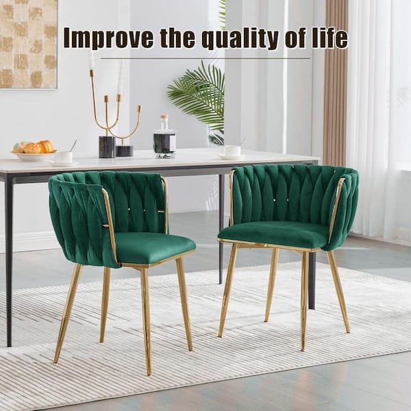 Armchair Dining Chairs Emerald Velvet, Diamond Stitching with Gold-Tipped Legs