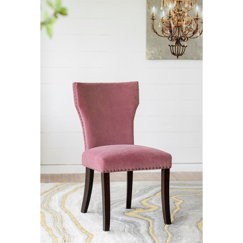 Armless Dining Chair: Blush Velvet with Gold Nailhead and Cabriole Legs