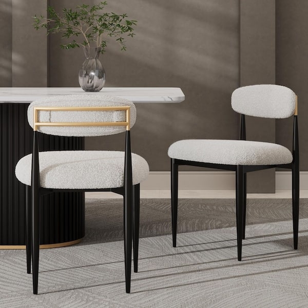 Armless Dining Chair Cream Boucle Gold Toned Metal Cross Brace