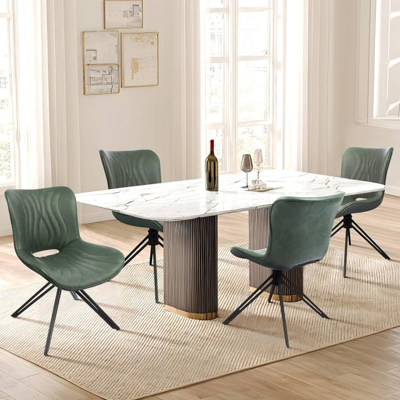 Armless Swivel Dining Chairs, Forest Green Faux Leather Metal Legs
