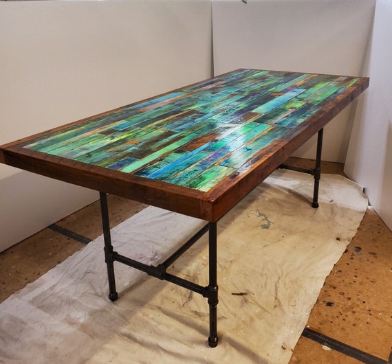 Artisan Round Dining Table with Emerald Green Wood Mosaic Inlay