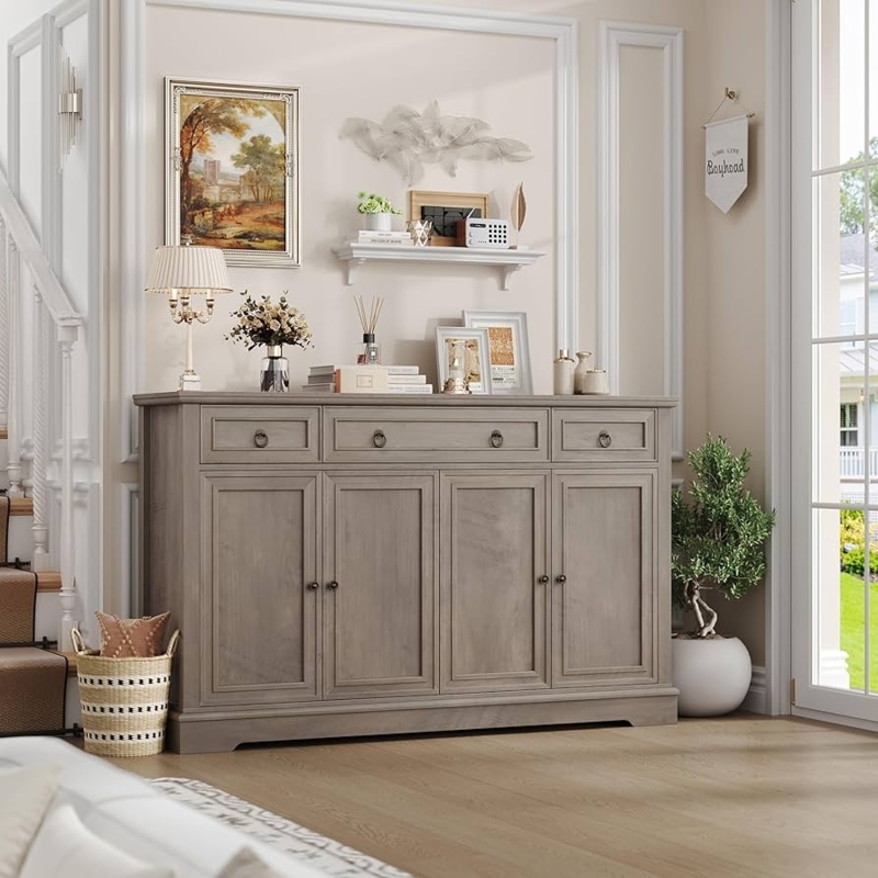Ash Wood Buffet Cabinet Slat Doors Farmhouse Storage Drawers