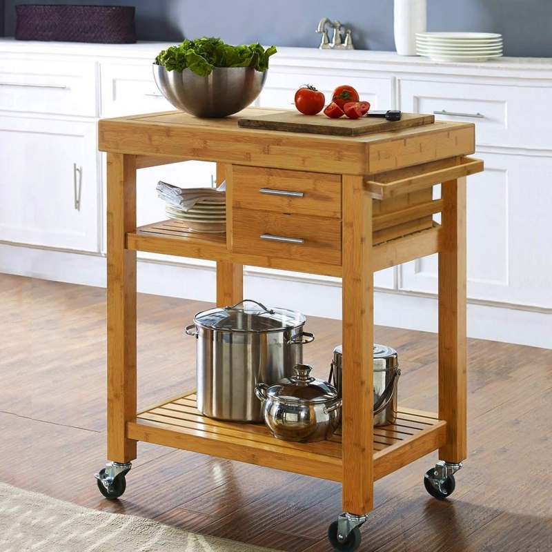 Bamboo Rolling Kitchen Cart with Two-Tone Finish and Towel Rack