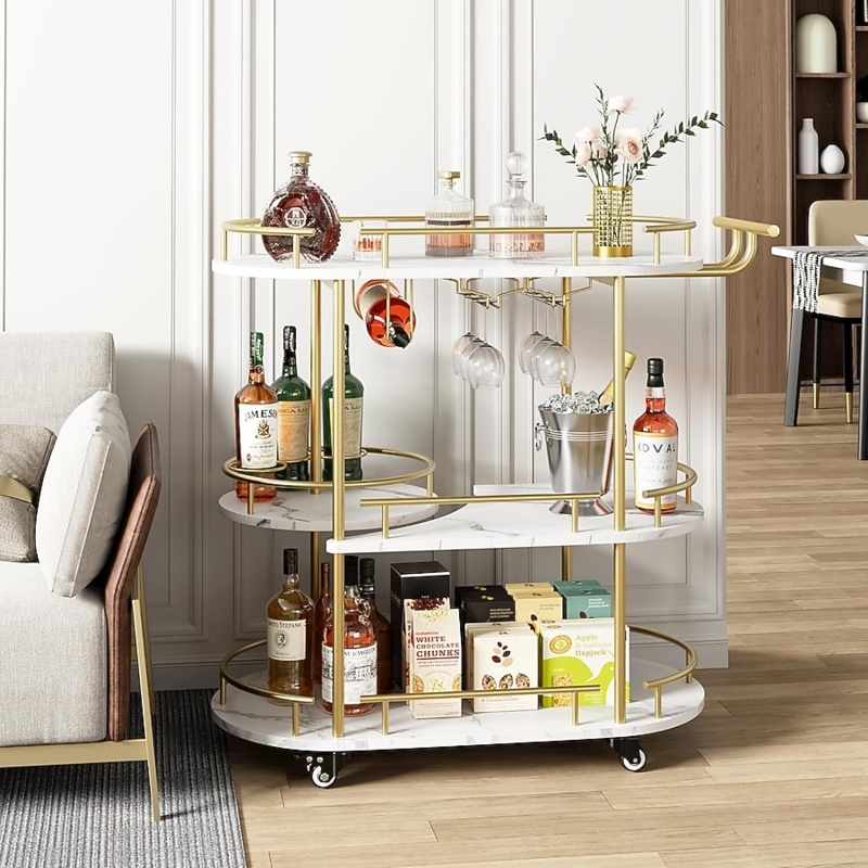 Bar Cart 4-Tier Storage with Wine Rack, Modern Glam Style
