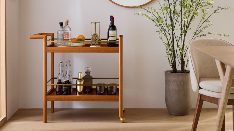 Bar Cart, Acorn Finish Rolling Cart, Tapered Legs, Mid-Century Modern