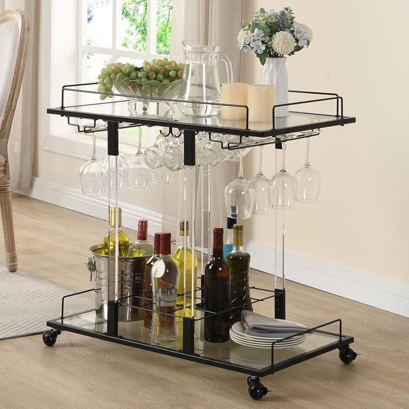 Bar Cart Acrylic Shelves Wine Rack, Modern Chrome Styling