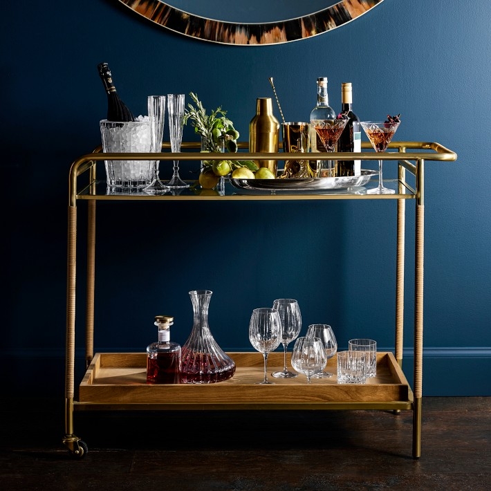 Bar Cart Antique Brass Curved Frame Two Tier Glass Shelves