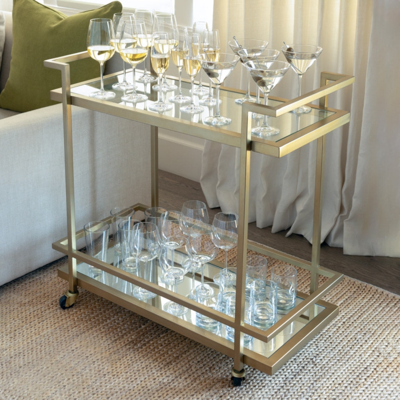 Bar Cart, Antique Brass Two-Tier Frame for Moody Lounge Styling.