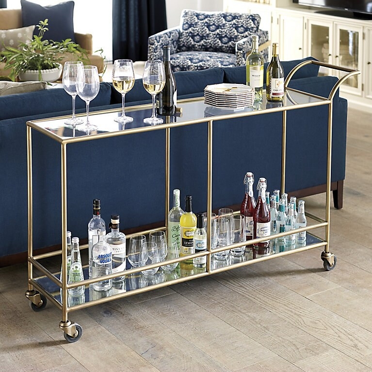 Bar Cart, Antique Gold with Spoked Wheels and Mirror Shelf.