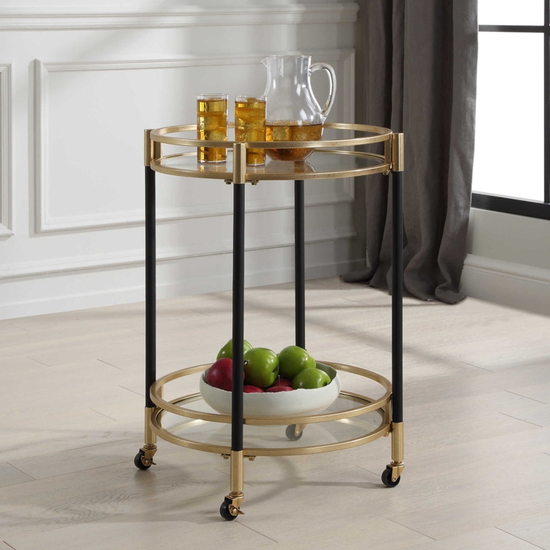 Bar Cart, Art Deco Round Brass Frame with Two-Tier Glass.