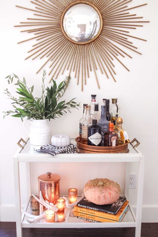 Bar Cart Autumn Styling Gold Toned Frame Modern Farmhouse Decor.