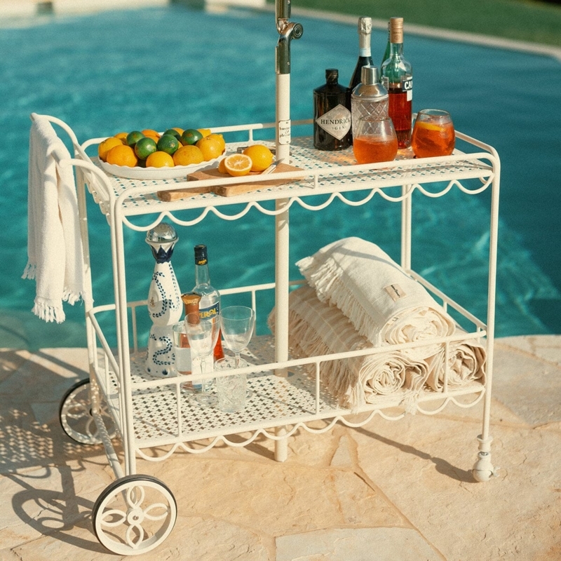 Bar Cart Bamboo Style Frame Antique White Outdoor Serving Cart