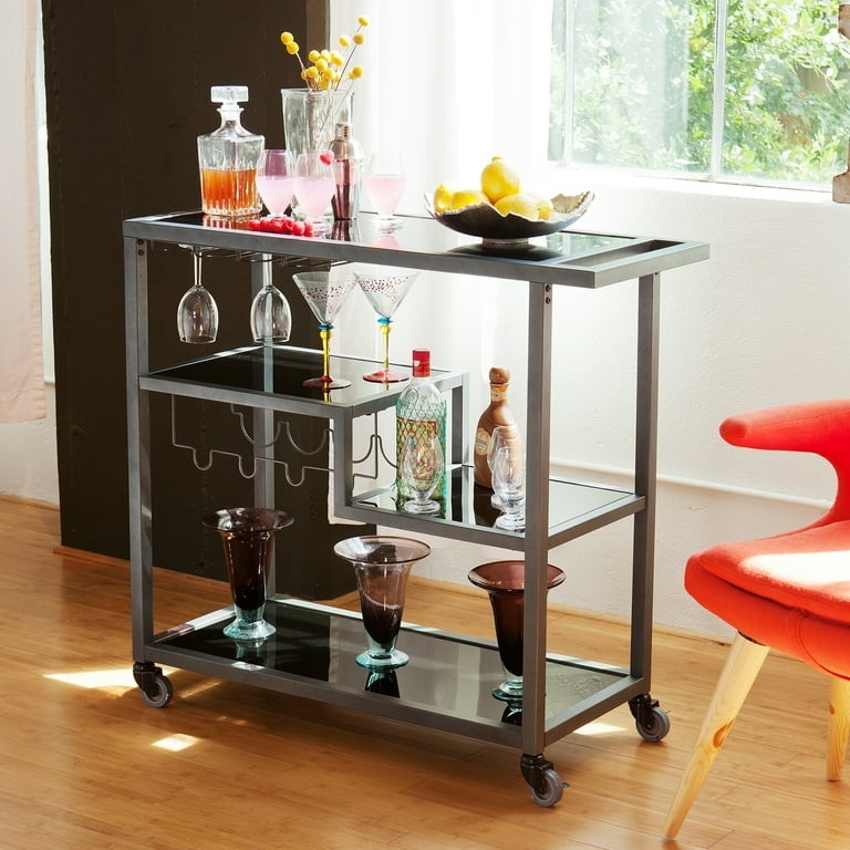 Bar Cart Black Glass Shelves Bottle Holders Industrial Metal