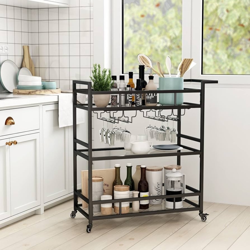 Bar Cart Black Metal Bar Cart Glass Shelves Guard Rails Modern