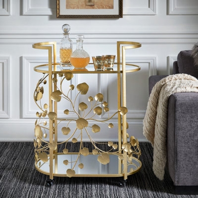 Bar Cart Botanical Motif Bar Furniture Gold Leaf Mirrored Shelves