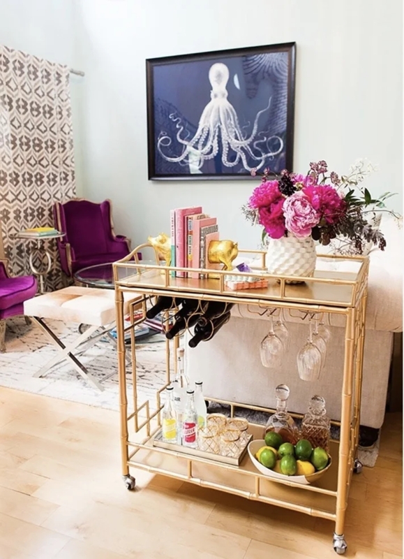 Bar Cart Brass Finish Navy Velvet Chair Contrast Living Room Idea.