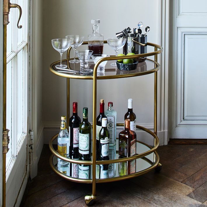 Bar Cart, Bronze Circular Frame with Oversized Spoke Wheels.