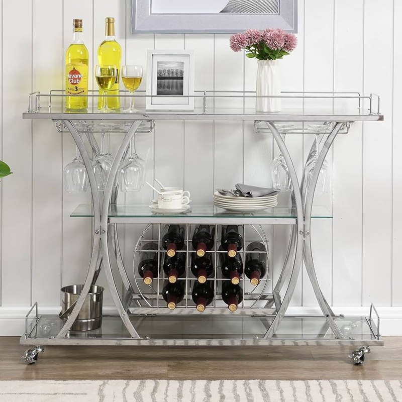 Bar Cart Built In Wine Rack Smoke Glass, Tiered Kitchen Trolley