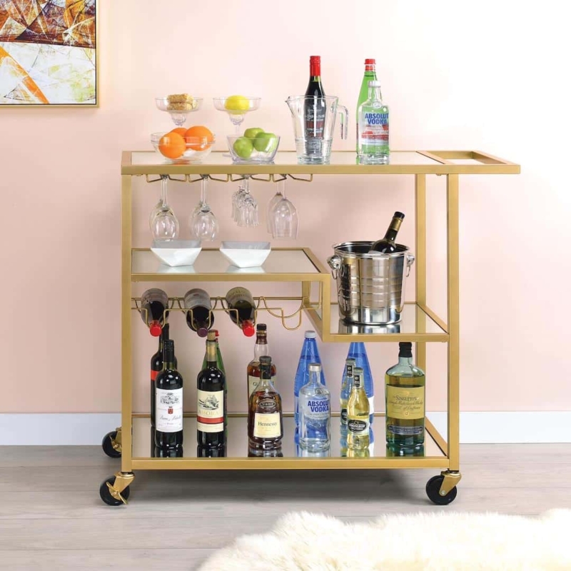 Bar Cart Champagne Gold Finish Mirrored Circular Double Tier Trolley.