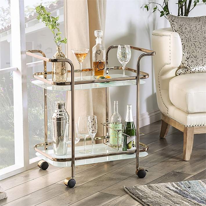 Bar Cart, Champagne Metal Finish with Two-Tier Tempered Glass.