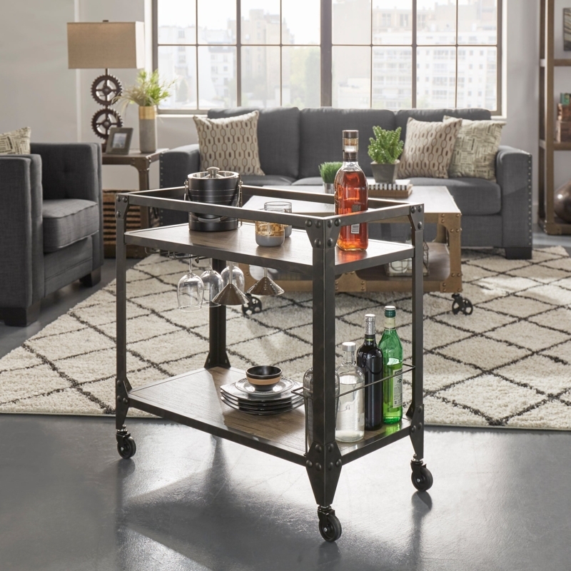 Bar Cart Charcoal Finish X-Brace Back Industrial Metal Three-Tier