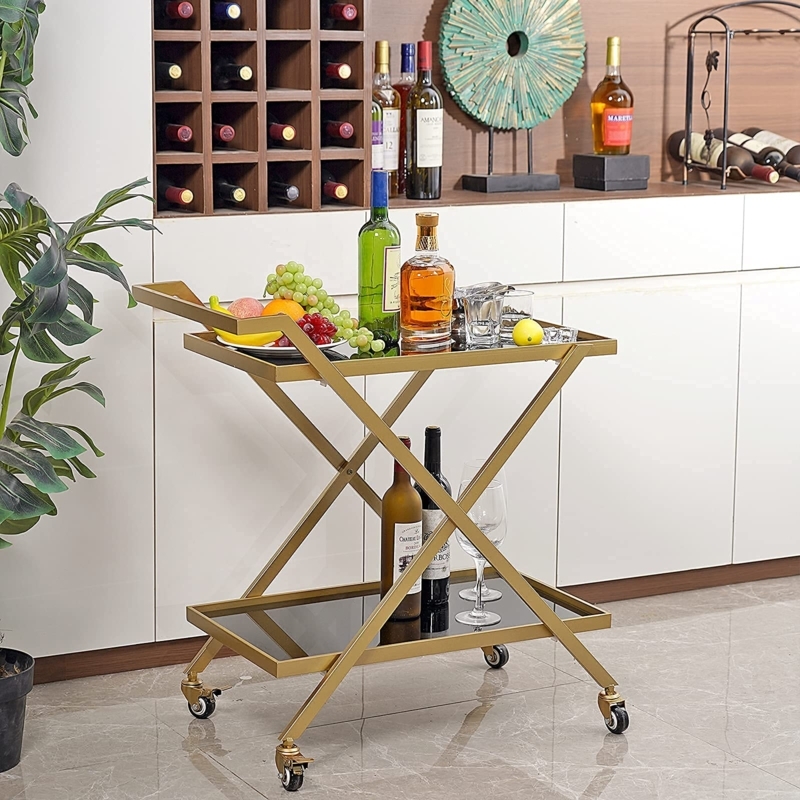 Bar Cart Chic Mobile Gold Frame Black Tempered Glass Shelves