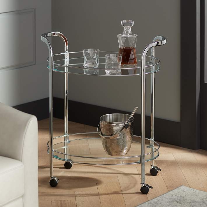 Bar Cart Circular Chrome Frame, Glam Rolling Beverage Station