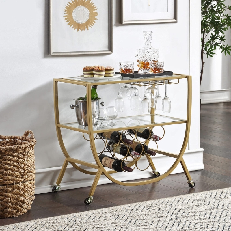 Bar Cart Circular Gold Finish Glass Shelves Small Space Station.
