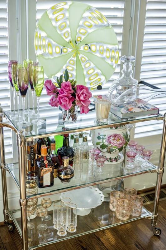 Bar Cart Circular Gold Frame Glass Shelves Traditional Home Setup.