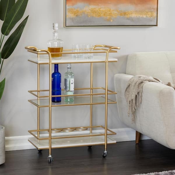 Bar Cart Circular Gold Frame Marble Shelves Glam Styling Two Tier.