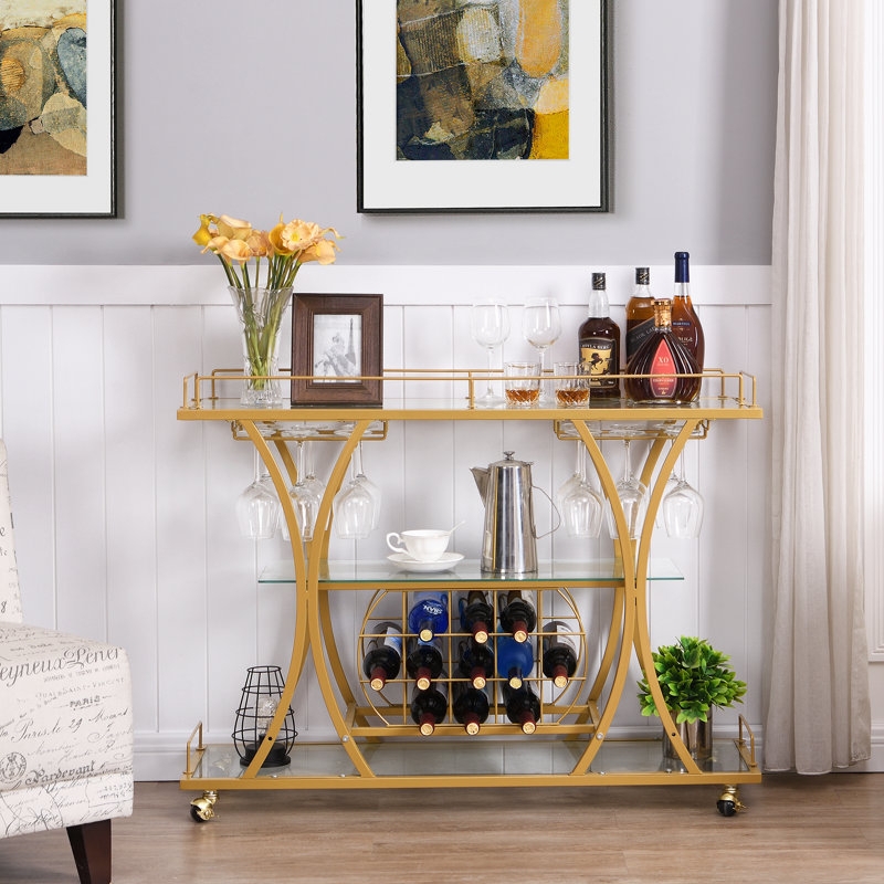 Bar Cart Circular Silhouette Gold Metal Black Shelves Beverage Station