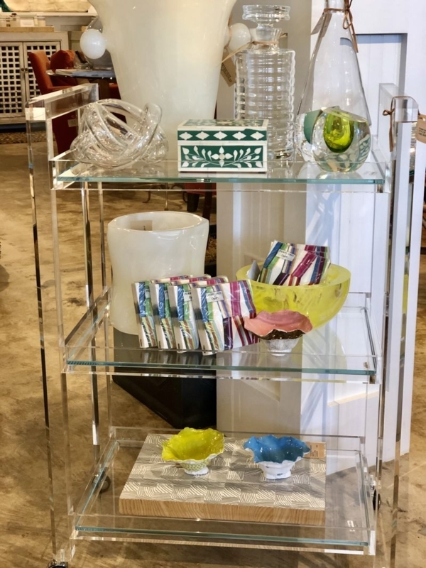 Bar Cart, Clear Acrylic Frame with Gold Accents, Glam Styling.