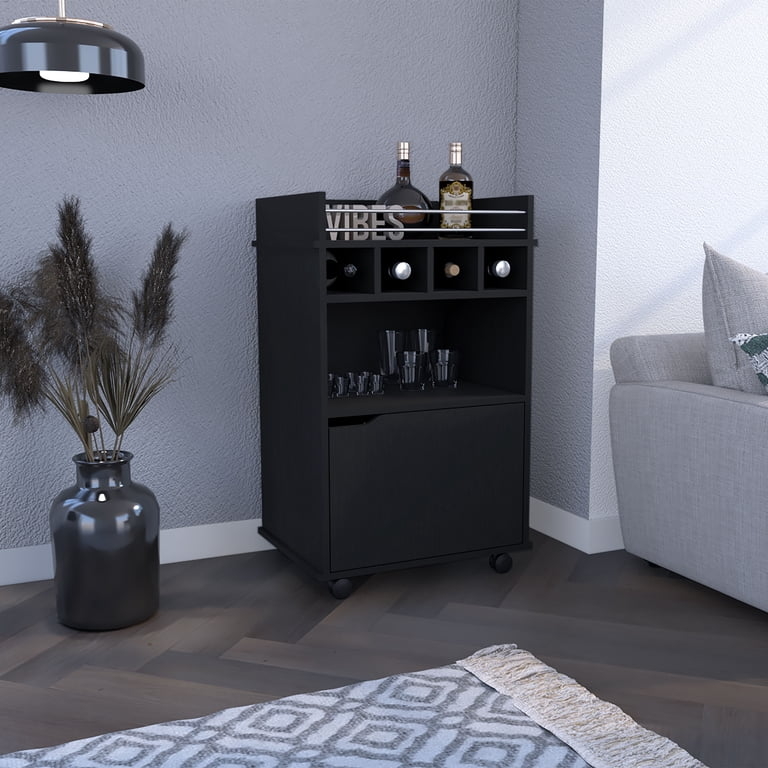 Bar Cart Compact Bar Cart with Cabinet Matte Black Wine Cubbies