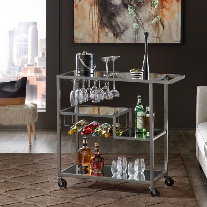 Bar Cart, Dark Grey Metallic Circular Frame, Two-Tier Glass.