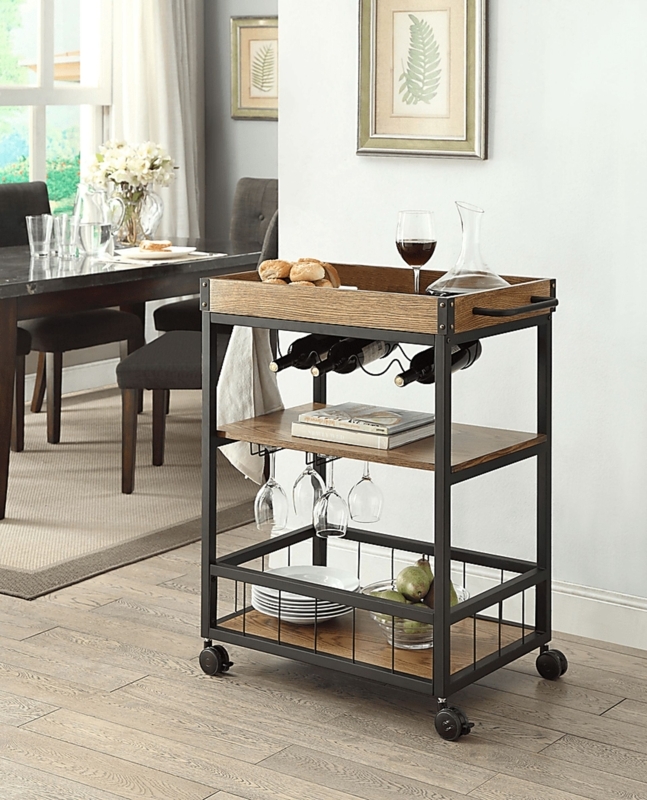 Bar Cart, Dark Wood Industrial, Blackened Metal Frame, Integrated Bottle Rack