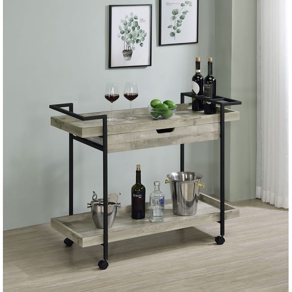 Bar Cart Driftwood Finish Integrated Drawer Bottle Cutouts Transitional