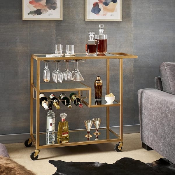 Bar Cart, Glam Circular Side Frames with Two-Tier Glass.