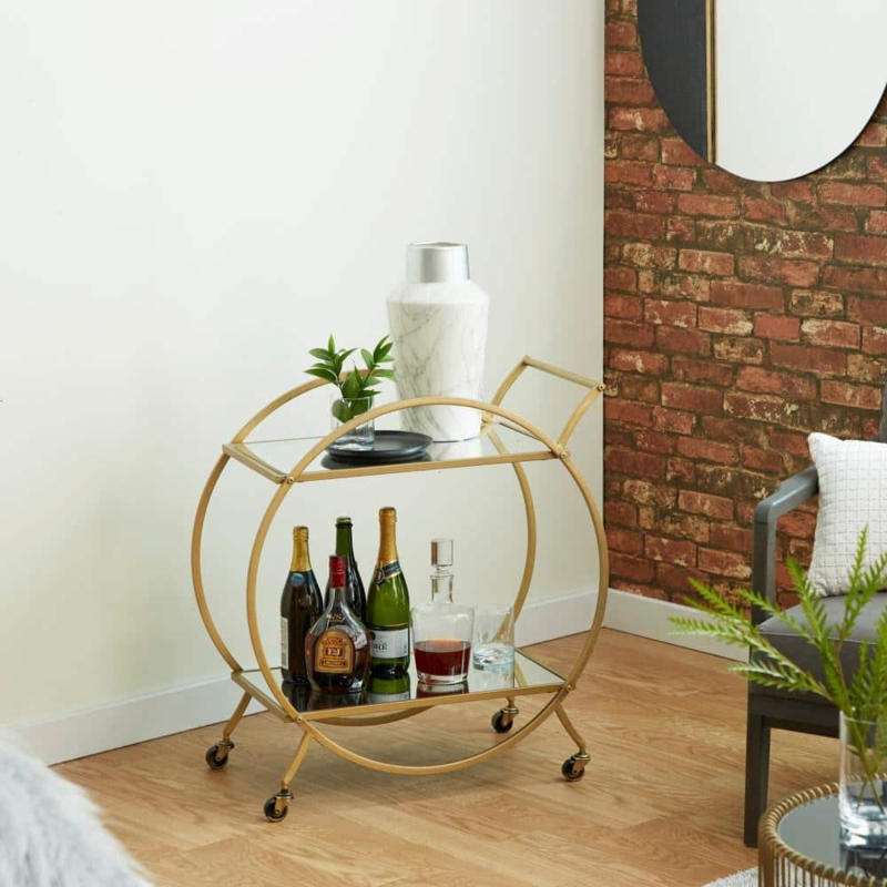 Bar Cart Glam Circular Silhouette Gold Finish Mirrored Tiers Rolling