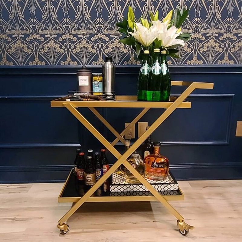 Bar Cart Glam Gold Finish Black Glass Shelves Drink Station