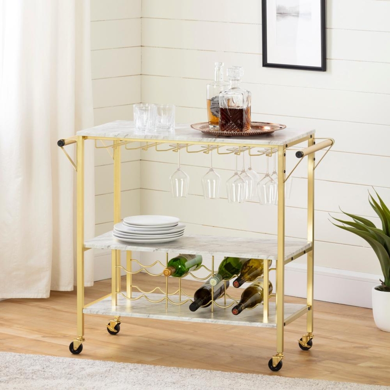 Bar Cart Glam Gold Finish Marble Tiers Contemporary Mobile Station