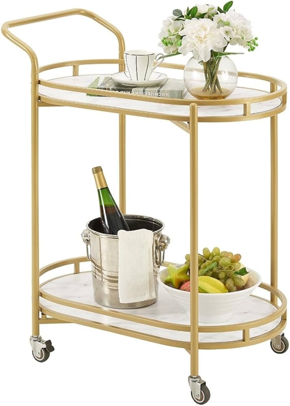 Bar Cart Glam Style Gold Frame White Shelves Mobile Trolley