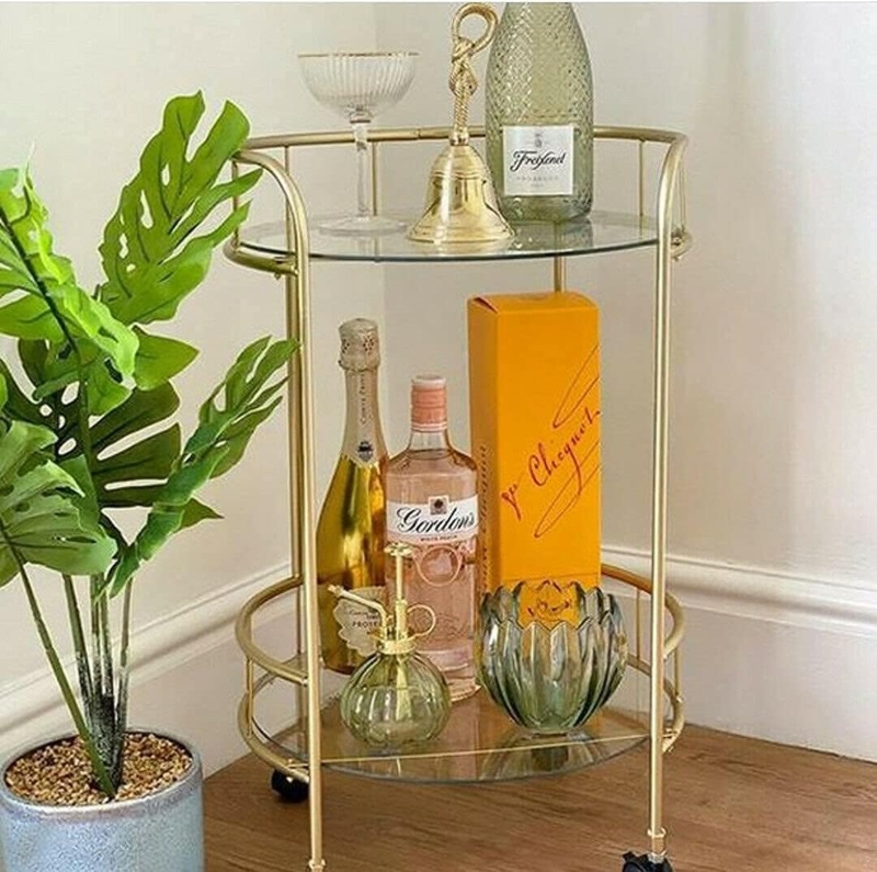 Bar Cart Glamorous Gold Finish with Clear Glass Shelving